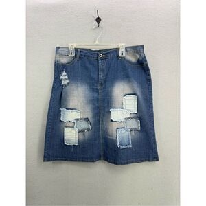 Be-girl Basic Womens Blue Patchwork Distressed Denim Pencil Skirt 2XL